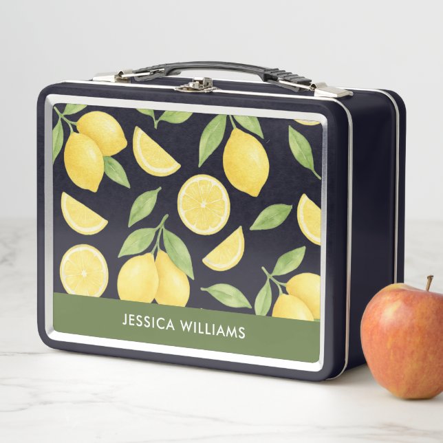 Personalized Cute Watercolor Lemon Pattern  Metal Lunch Box (In Situ)