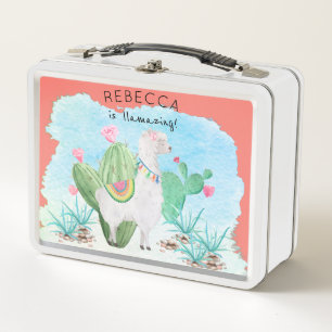 Personalized Cute Watercolor Llama Metal Lunch Box