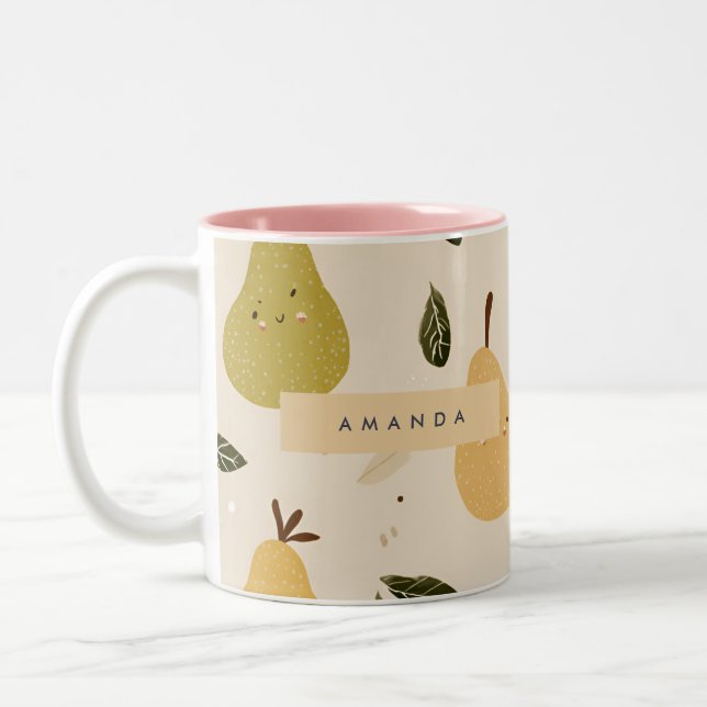 Personalized Cute Whimsical Pear Pattern  Two-Tone Coffee Mug (Left)