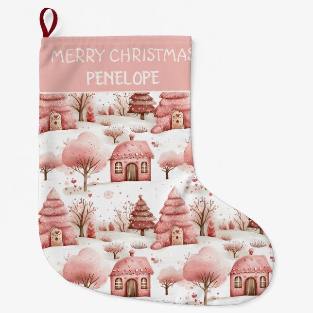 Personalized Cute Whimsical Pink Winter Christmas  Large Christmas Stocking (Front)