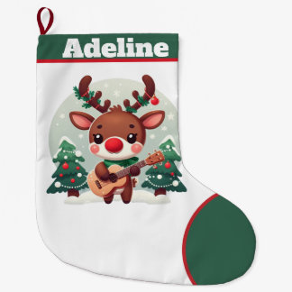 Personalized Cute Whimsical Reindeer with guitar Large Christmas Stocking