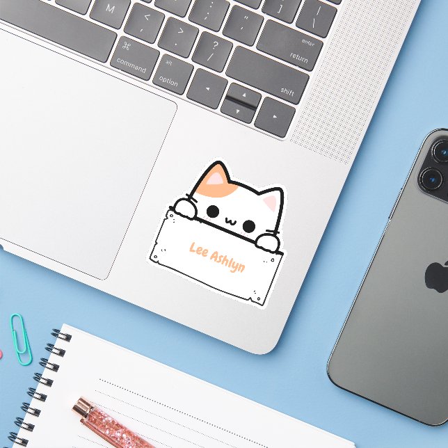 Personalized Cute White Cat Name Label Die-Cut (Laptop w/ iPhone)