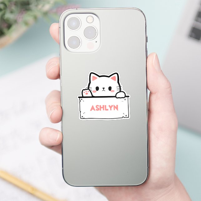 Personalized Cute White Cat Name Sticker (Phone)