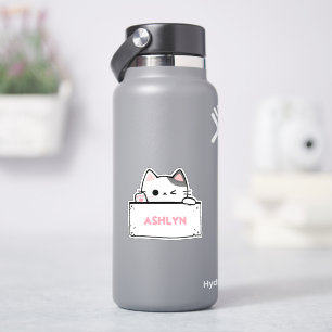 Personalized Cute White Grey Cat Name Sticker