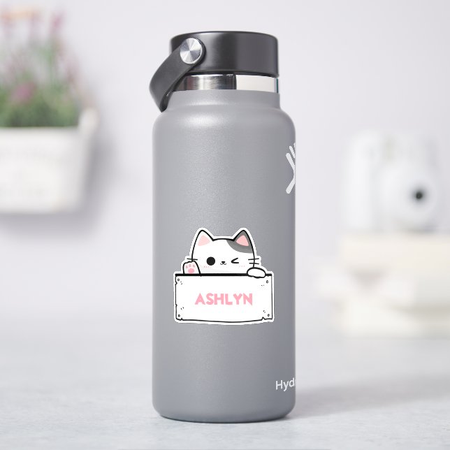 Personalized Cute White Grey Cat Name Sticker (HydroFlask)