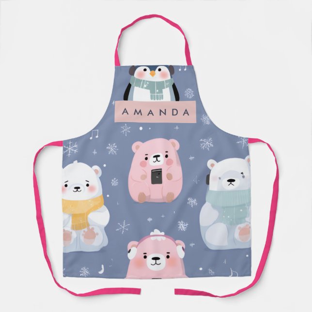 Personalized Cute Winter Bear & Penguin Pattern  Apron (Front)