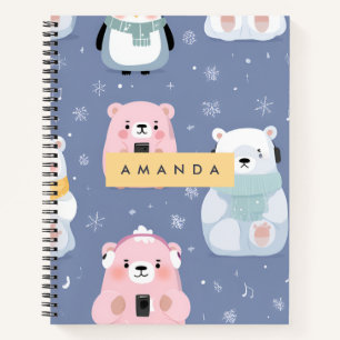 Personalized Cute Winter Bear & Penguin Pattern  Notebook