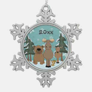 Personalized Cute Woodland Animals Christmas Snowflake Pewter Christmas Ornament