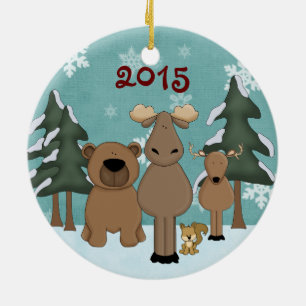 Personalized Cute Woodland Animals Snowy Holiday Ceramic Ornament