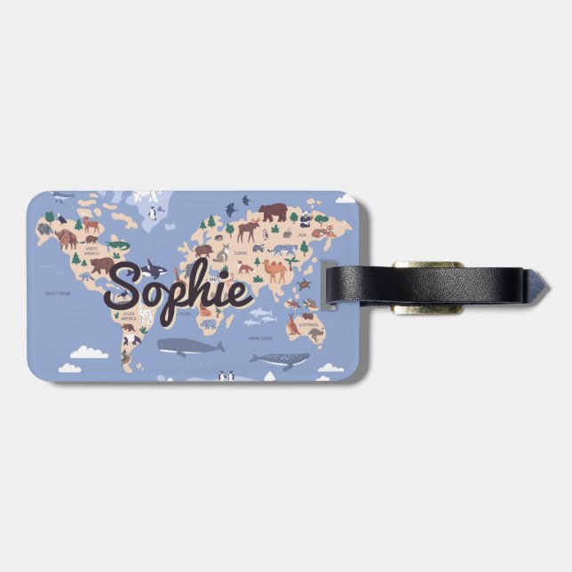 Personalized cute World map kids luggage tag (Back Horizontal)