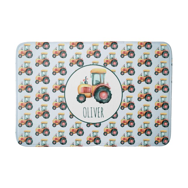 Personalized Cute Yellow Tractor Pattern Bath Mat (Front)