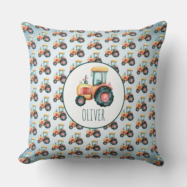 Personalized Cute Yellow Tractor Pattern Throw Pillow (Front)