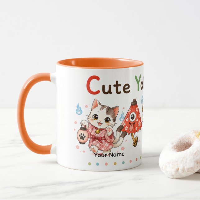 Personalized Cute Yokai Friends Mug | Custom Name  (With Donut)