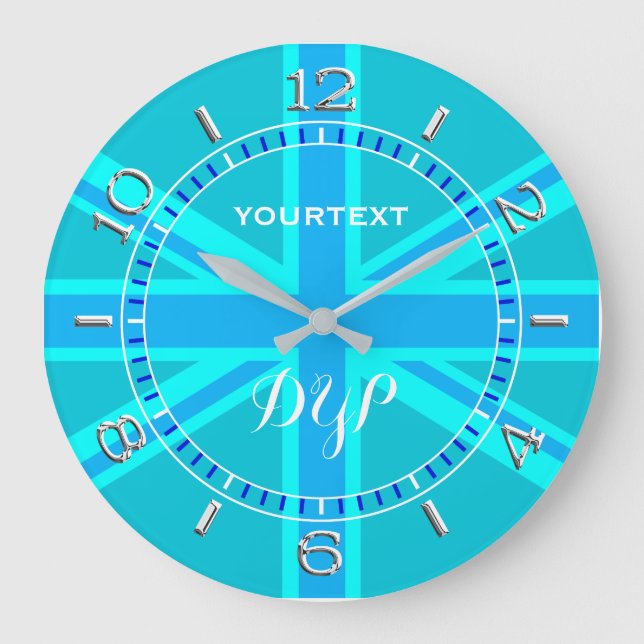 Personalized Cyan Union Jack British Flag Dial Large Clock (Front)