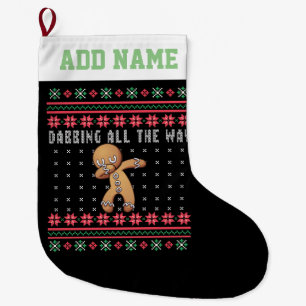 Personalized Dabbing Gingerbread Man Ugly Sweater Large Christmas Stocking