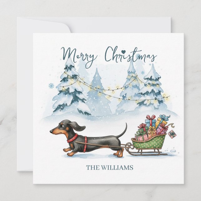Personalized Dachshund a sleigh Christmas card  (Front)