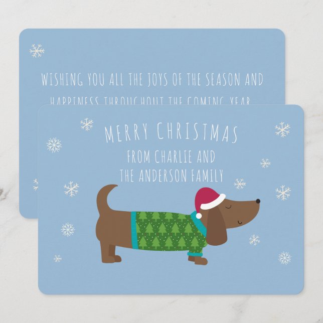 Personalized Dachshund Blue Cartoon Christmas Card (Front/Back)