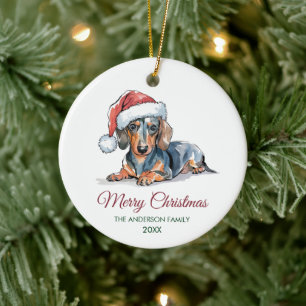 Personalized Dachshund in Santa Hat Christmas Ceramic Ornament