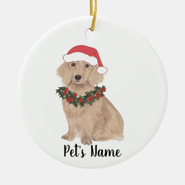 Personalized Dachshund (Long Haired, Red) Ceramic Ornament (Front)
