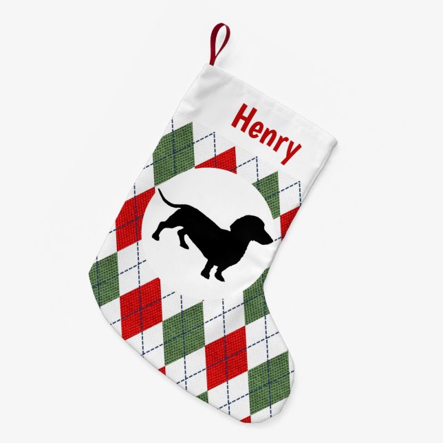 Personalized Dachshund Red And Green Argyle Small Christmas Stocking (Front (Hanging))