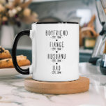 Personalized Dad Milestones Gift Mug<br><div class="desc">This sweet and sentimental coffee mug gift for new or expecting dads features a minimalist black and white aesthetic with bold, modern typography that traces a heartfelt relationship journey—from boyfriend to fiancé, husband, and finally dad—each marked with a year established to commemorate special milestones. Cute little hearts add a sweet...</div>