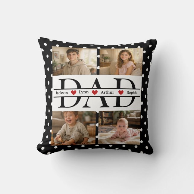 Personalized Dad Photo Collage & Kids Name Throw Pillow (Front)