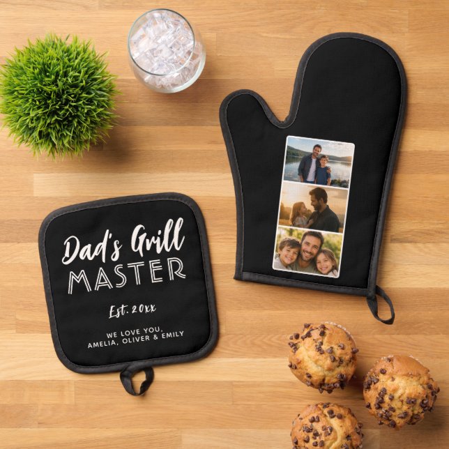 Personalized Dad's Grill Master 3 Photo Oven Mitt & Pot Holder Set (Top Down)