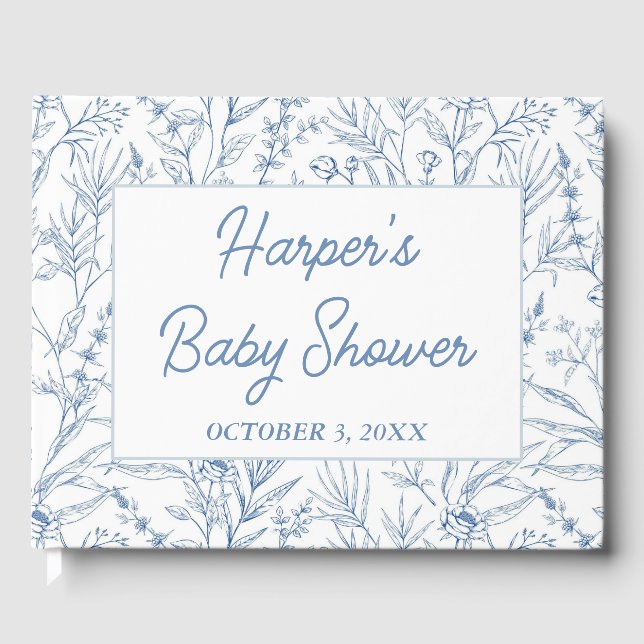 Personalized Dainty Blue Floral Baby Shower Guest Book (Front)