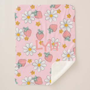 Personalized Daisies and Strawberries Sherpa Blanket