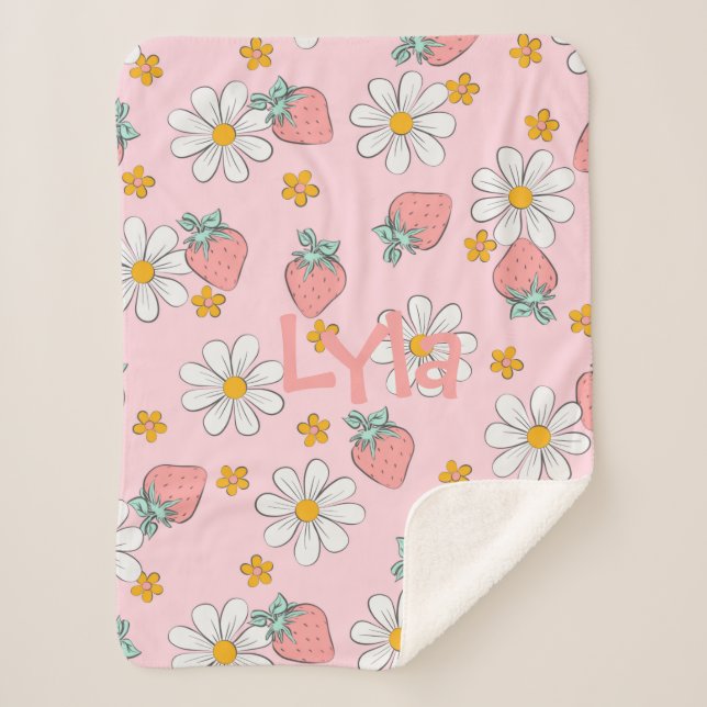 Personalized Daisies and Strawberries Sherpa Blanket (Front)