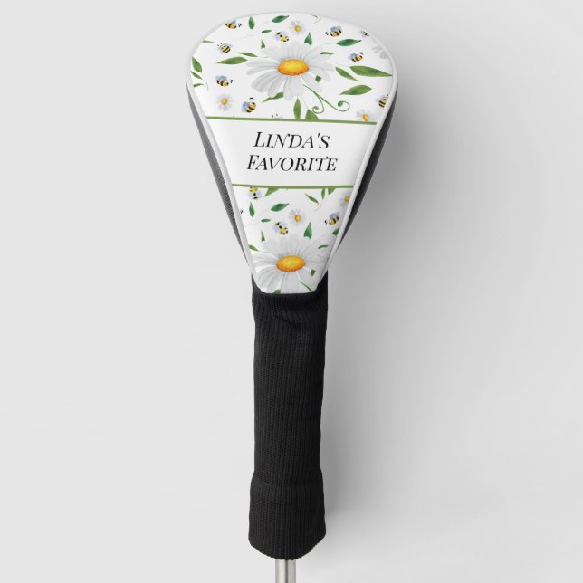 Personalized Daisy and Bee Floral Pattern Golf Head Cover (Front)
