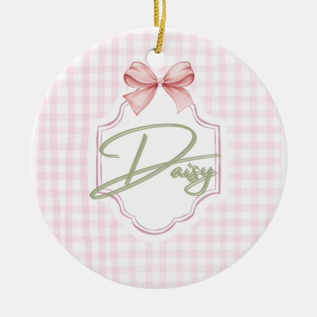 Personalized Daisy Baby Girl Nursery Bow&Gingham Ceramic Ornament (Front)