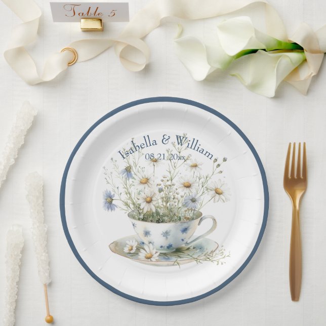 Personalized Daisy & Faded Blue Denim Flowers Paper Plate (Wedding)