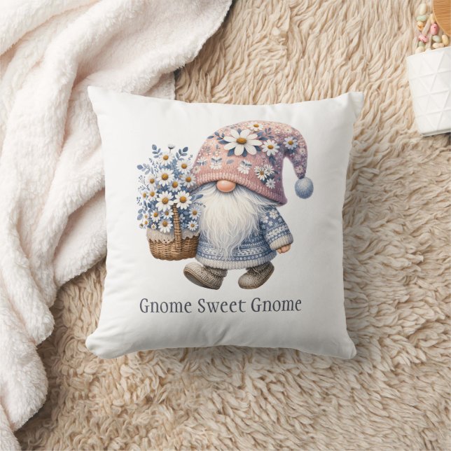 Personalized Daisy Flower Gnome Cute Whimsical Throw Pillow (Blanket)