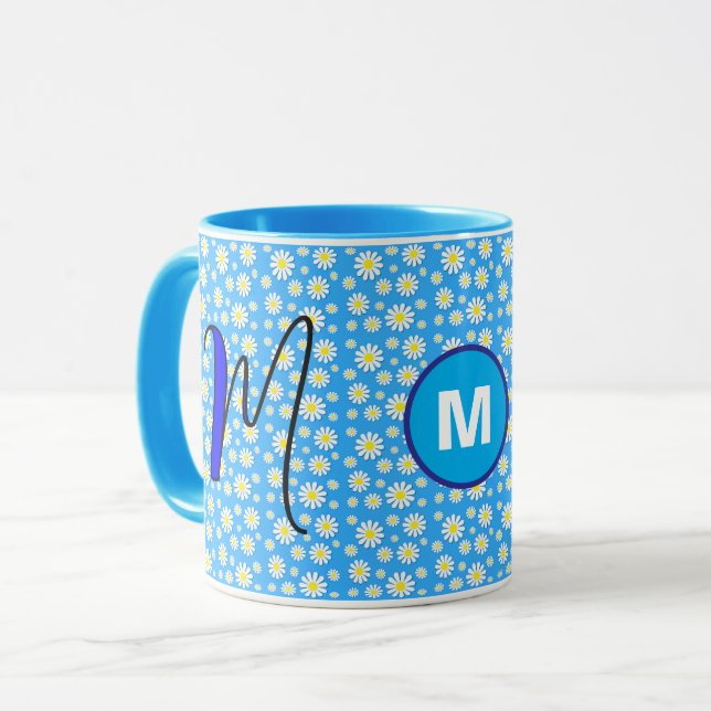 Personalized Daisy Monogrammed Initial Blue Coffee Mug (Front Left)