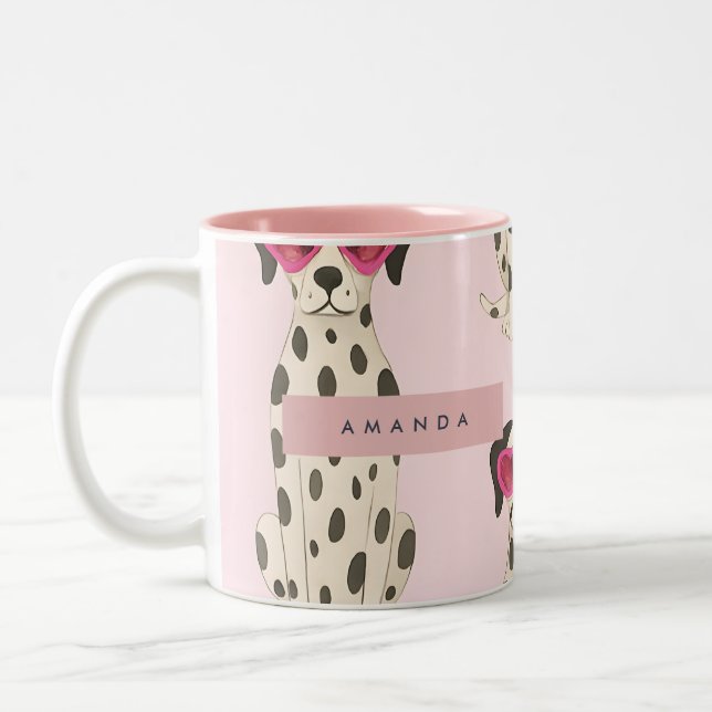 Personalized Dalmatian Dog with Pink Heart Glasses Two-Tone Coffee Mug (Left)