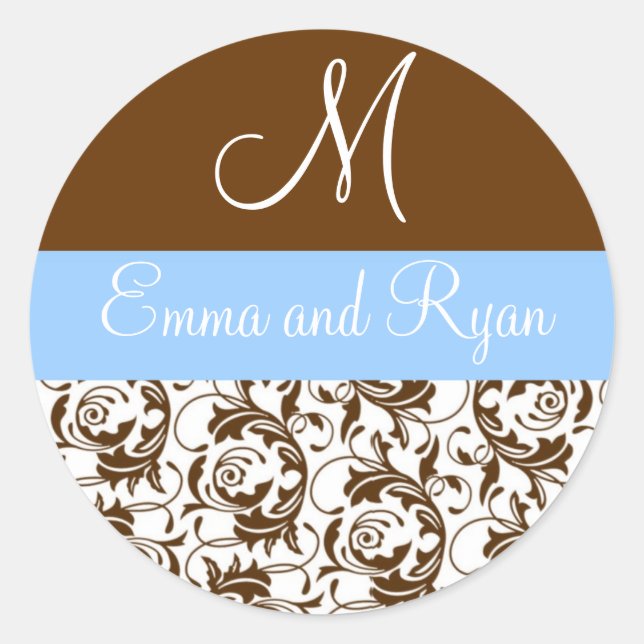 Personalized Damask Blue and Brown Stickers (Front)