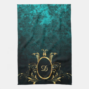 Personalized Damask gold Frame Kitchen Towel