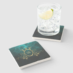 Personalized Damask gold Frame Stone Coaster
