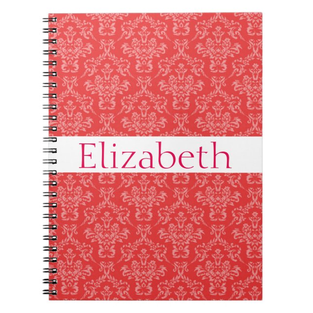 Personalized Damask Pattern Pink White Badge Notebook (Front)