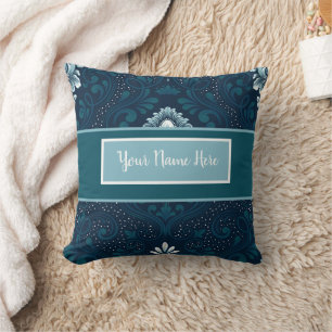 Personalized Damask Peacock and Cyan Pillow