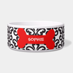 Personalized damask red dog bone pet food bowl