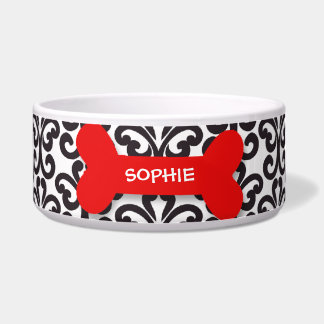 Personalized damask red dog bone pet food bowl