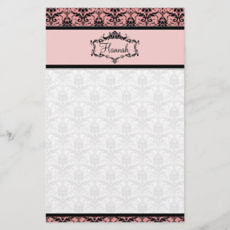 Personalized Damask Stationery - Pink and Black