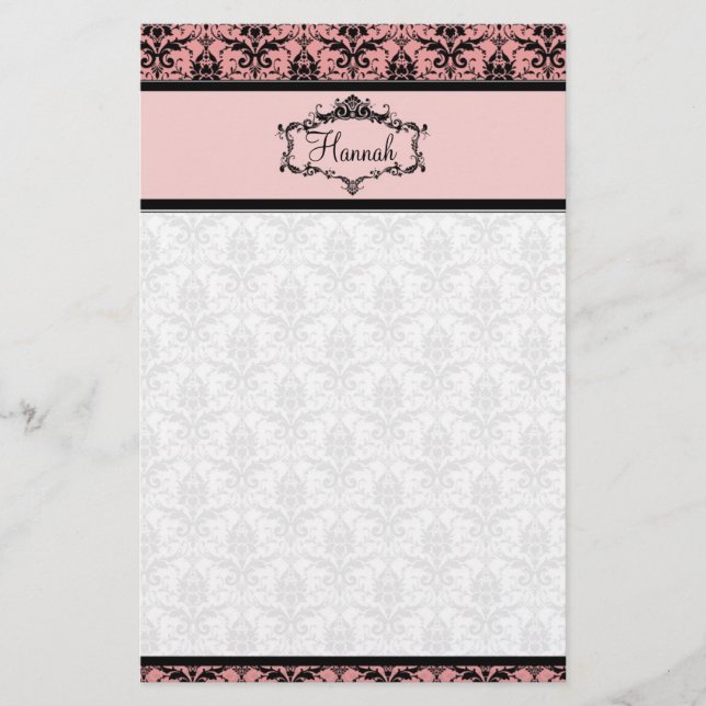 Personalized Damask Stationery - Pink and Black (Front)