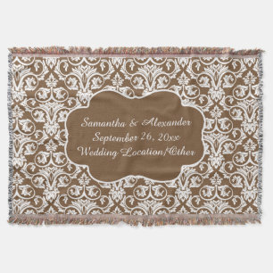 Personalized Damask Wedding/Custom Sand/White Throw Blanket