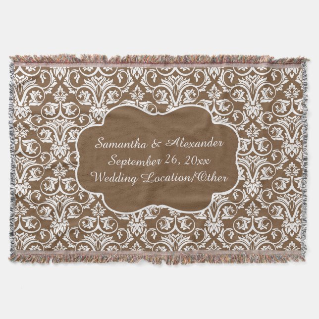Personalized Damask Wedding/Custom Sand/White Throw Blanket (Front)