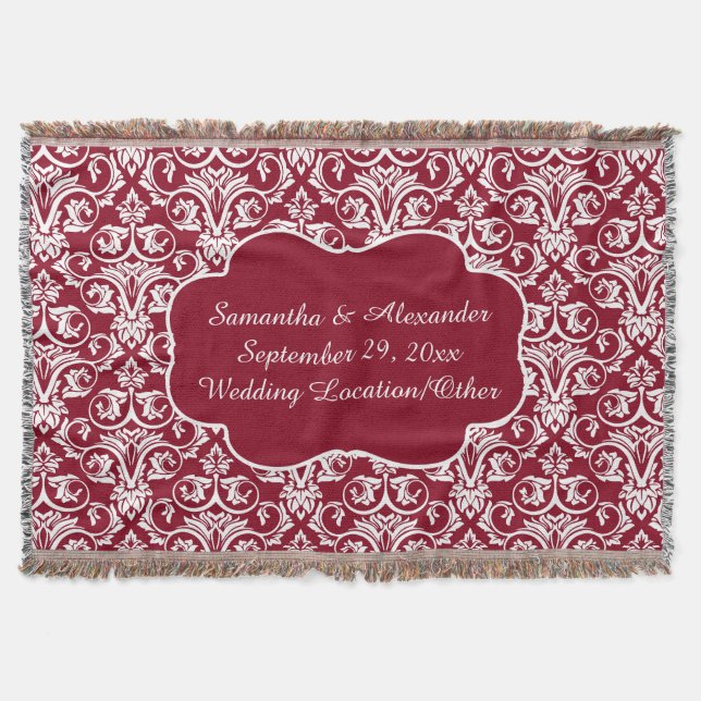 Personalized Damask Wedding/Keepsake Custom Maroon Throw Blanket (Front)