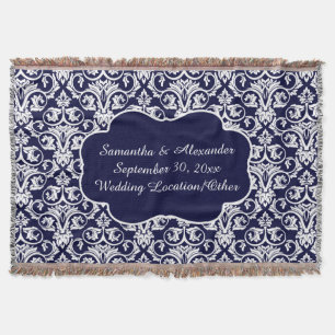 Personalized Damask Wedding/Keepsake Navy Blue Throw Blanket