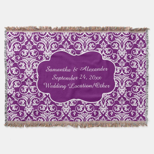 Personalized Damask Wedding/Keepsake Purple Throw Blanket (Front)